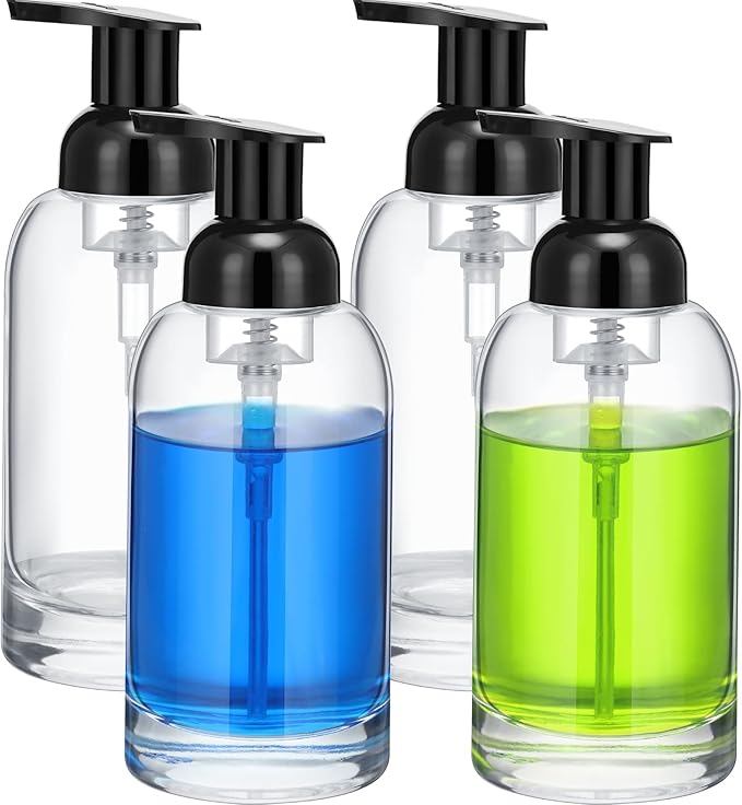 Eccliy 4 Pack 13 oz Foaming Hand Soap Dispenser Clear Glass Jar Soap Dispenser with Foaming Pump, Clear Thick Hand Liquid Dish Pump Round Bottles for Bath Home Kitchen Oil Lotion
