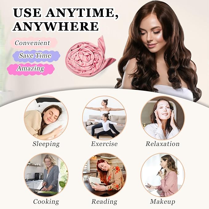 Gwabee Soft Overnight Curl Headband, 70" Hair Curlers Ribbon Wrap for Long Hair with 9 PCS Rods and Yoga Strap - Pink