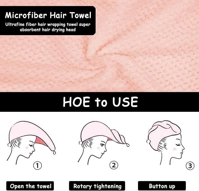 3 Pack Microfiber Hair Towel Wrap for Women, Fast Drying Hair Turban with Button, Anti-Frizz Large Hair Towel for All Hair Styles, Soft & Absorbent Hair Drying Towel