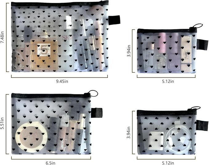 TRAKWAN 4-Piece Heart Printed Mesh Makeup Bag Set, Portable Travel Mesh Cosmetic Bags Toiletry Bags Makeup Purse Bags Mesh Zipper Storage Pouches for Home Offices Travel Accessories (White)