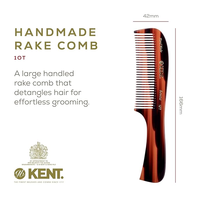 Kent 10T TY Large Handmade Wide-Tooth Detangling Rake Comb - Smooth and Comfortable for Curly, Wet or Dry, Thick Hair