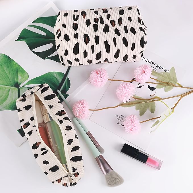 Gocvo 3 Pcs Makeup Bag Cosmetic Bag Set for Girls Women Travel Organizer Bathroom Toiletry Pouch Large Capacity Storage Bag (Leopard Beige)