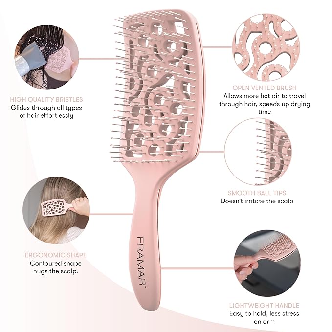 FRAMAR Professional Vented Hair Brush – Curved Hair Brush For Faster Blow Drying, Vent Brush For Blow Drying, Less Breakage, Wet Hairbrush For Women – Heat Resistant - Champagne