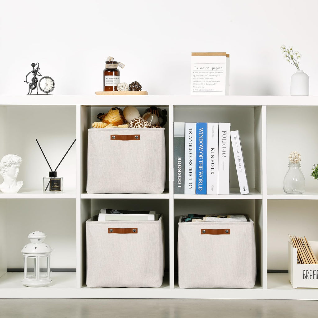 HNZIGE Large Fabric Storage Basket Organizers (3 PCS), Foldable Decorative Shelf Baskets with Leather Handles (Cream, 15" x 11" x 9.5")
