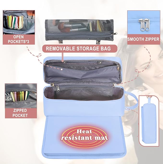 FAMOPLAY Hair Tools Travel Bag with Heat Resistant Mat Hair Styling Accessories Storage Case for Hair Dryer Flat Iron Straightener Curling Iron Haircare Accessories Travel Essentials for Women