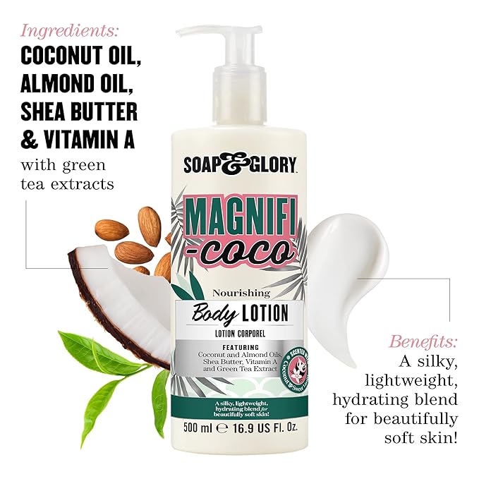 Soap & Glory Magnifi-Coco Body Lotion for Women - Coconut Scented Lotion for Dry Skin with Almond Oil, Shea Butter & Vitamin A - Vegan Body Moisturizer (16.9 fl oz)