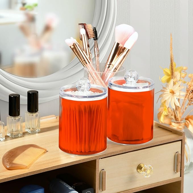 Orange Red Qtip Holder Organizer Dispenser Cotton Swabs Cans Plastic Jars with Lid Set 4 Pack Bathroom Storage Canister for Cotton Ball Floss Cotton Pads