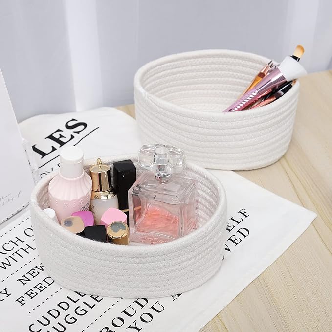 【2 Pack】 ABenkle Small Storage Baskets, Natural Cotton Rope Woven Baskets for Organizing, Tiny Oval Storage Easter Baskets, Small Basket, Cat Dog Toy Baskets, Bathroom Organization Bin