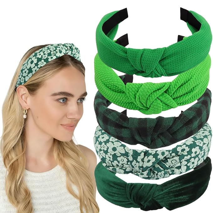 AHONEY 5 Pack Green Knotted Headbands for Women Girls Christmas Plaid Headbands Non Slip Velvet Hairbands Cute Hair Accessories Multi-style Headband Pack
