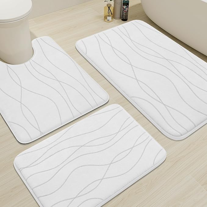 YIHOUSE Bathroom Rugs Set 3 Piece, Memory Foam Bath Mat White