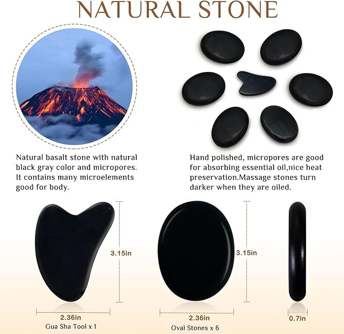 HDYAR 7 Pieces Hot Stones Massage Set - 6 Large Oval Massage Stones for Body Massage and 1 Heart-Shaped Basalt Stone Gua Sha Tool for Face Hot Rocks for Home Spa, Relaxing, Pain Relief
