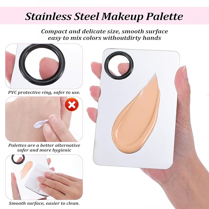 BOHUIZ 4 Pcs Makeup Foundation Mixing Palette Set Including Make Up Spatula, MakeupBrush, PaletteTray, Puff, Foundation Makeup Mixing Palette, MakeupPalette Tray (Stainless Steel)