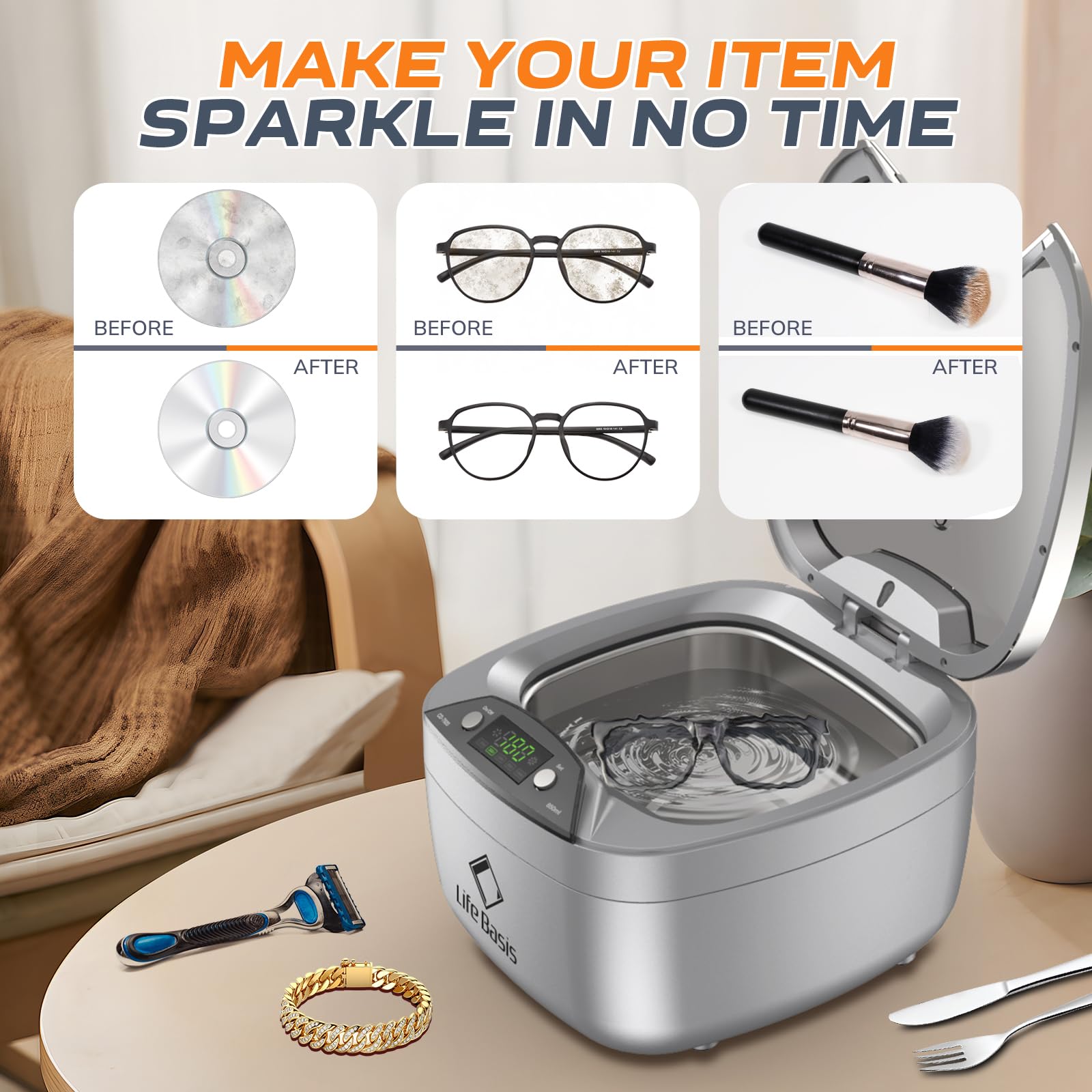 LifeBasis 28oz Professional Ultrasonic Cleaner, 42kHz Jewelry Cleaner