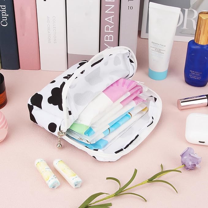 Desing Wish Sanitary Pad Storage Bag Portable Period Bag for Teen Pads/Sanitary Napkins/Small Tampons, Sanitary Napkin Storage Bag First Period Gifts for Teen Girls (Cow)