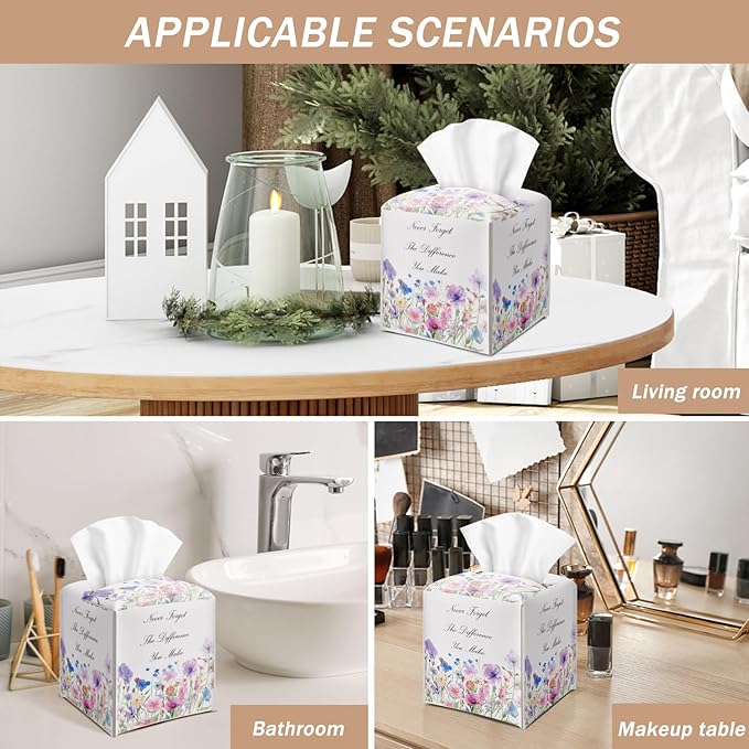 Vintage Floral Purple Tissue Box Cover Square with Bottom Belt, Wildflowers Leather Waterproof Tissue Holder Facial Paper Case for Tabletop Home Office Bathroom Car Decor -09