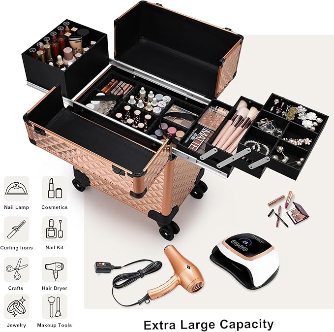 Stagiant Rolling Makeup Train Case Cosmetology Case on Wheels Travel Cosmetic Suitcase Trolley Makeup Luggage Storage Box 4 Tray with Lock Middle Layer Salon Nail Tech Cart Traveling Tattoo Case