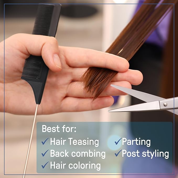 4 Pack Carbon Fiber Rat Tail Combs - Carbon Fiber, Stainless Steel Pintail, Heat Resistant, Hair Comb Set for Braiding, Parting, and Styling, 9 Inches Long - Black Combs for Women and Men