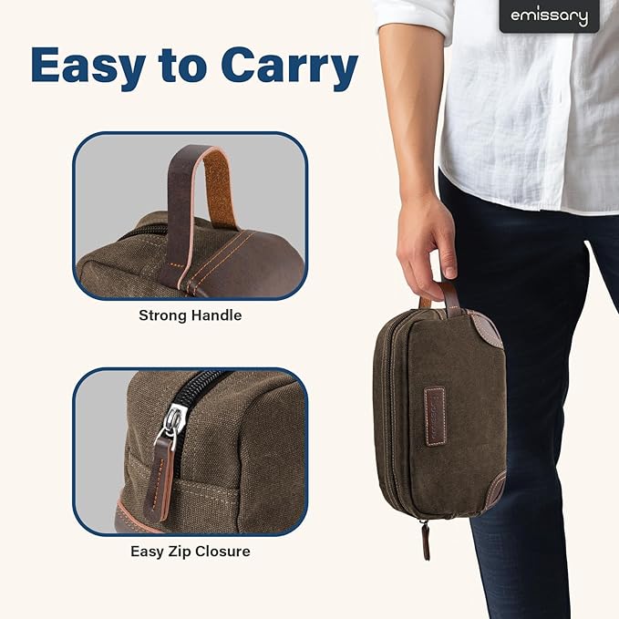 emissary Men's Toiletry Bag, Leather and Canvas Travel Toiletry Bag, Dopp Kit for Men, Travel Bathroom Bag Men's Shaving Kit, Travel Kit Small Bags for Men, Shaving Bag for Travel Accessories (Coffee)