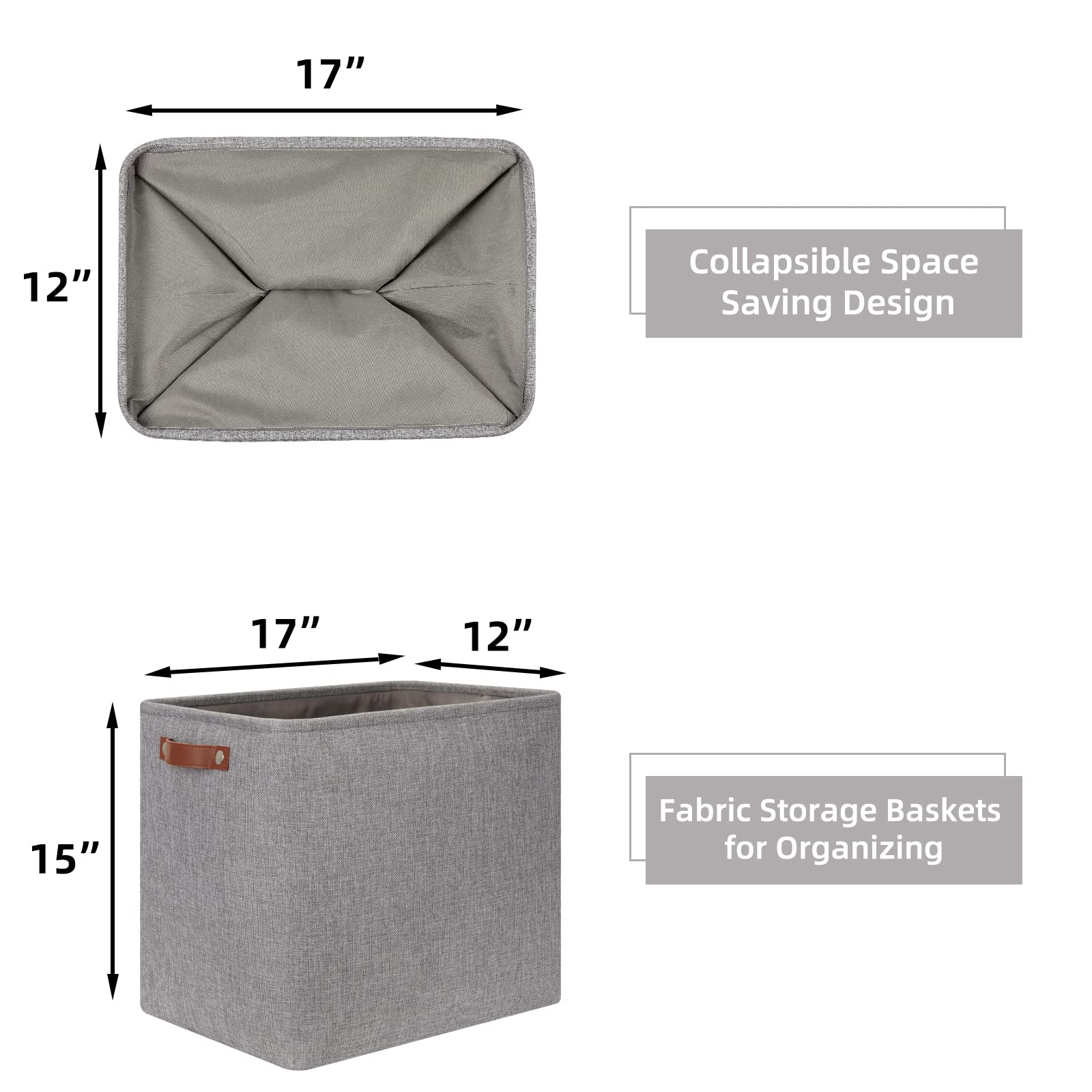 HNZIGE Tall Storage Baskets for Shelves, Rectangular Fabric Organizer with Handles, Decorative Closet Storage Bins (Grey)