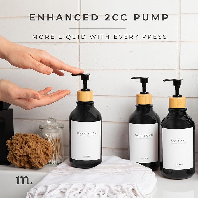Shampoo and Conditioner Bottles Set of 3 Black Bamboo – Shower Shampoo Dispenser – Hotel Style Bathroom Upgrade by MaisoNovo