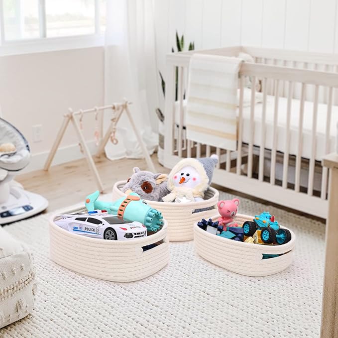 HLWDFLZ 7 Piece Cotton Rope Woven Basket Set - Small Basket for Baby Nursery, Pets, Montessori, Dog & Cat Toy Boxes, Bathroom Organization Bins (White)