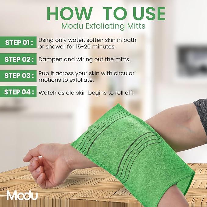 Modu Korean Exfoliating Mitts Large 5PCS (Green) – Exfoliating Gloves Body Scrubber Italy Towel Washcloth for Korean Spa at Home, Dead Skin Remover, 100% Vegan Viscose
