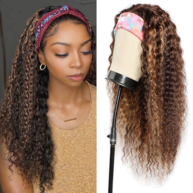 Aiterina Blonde Highlight Headband Wig 4/27 Highglight Wig Headband Wig Human Hair Deep Wave Ombre Headband Wigs for Black Women None Lace Front Machine Made Human Hair Wig 150% Density 16inch