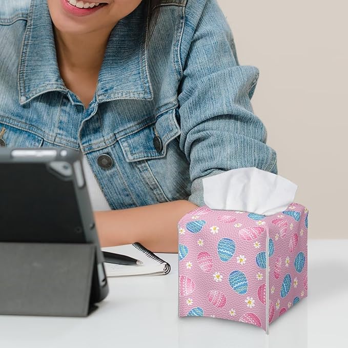 Pink Eggs Flower Tissue Box Case PU Leather Square Modern Asthetic Tissue Box Cover with Metal Button Waterproof Napkin Organizer for Home Office Car Bathroom Decor