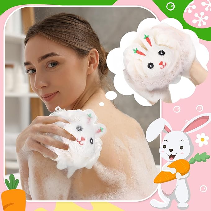 4 Pcs Rabbit Carrot Bath Loofah Sponge Cartoon Body Scrubber Loofah Soft Mesh Exfoliating Bath Scrubber Shower Ball for Shower Sponge Gifts Exchange Birthday Party