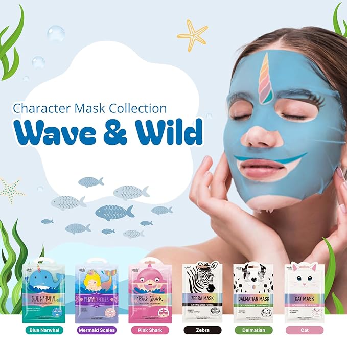Epielle Character Face Mask Wave & Wild 6 Pack, Fun & Effective Korean Skin Care, Spa Party Favors, Birthday Gifts for Women, Self Care Gifts