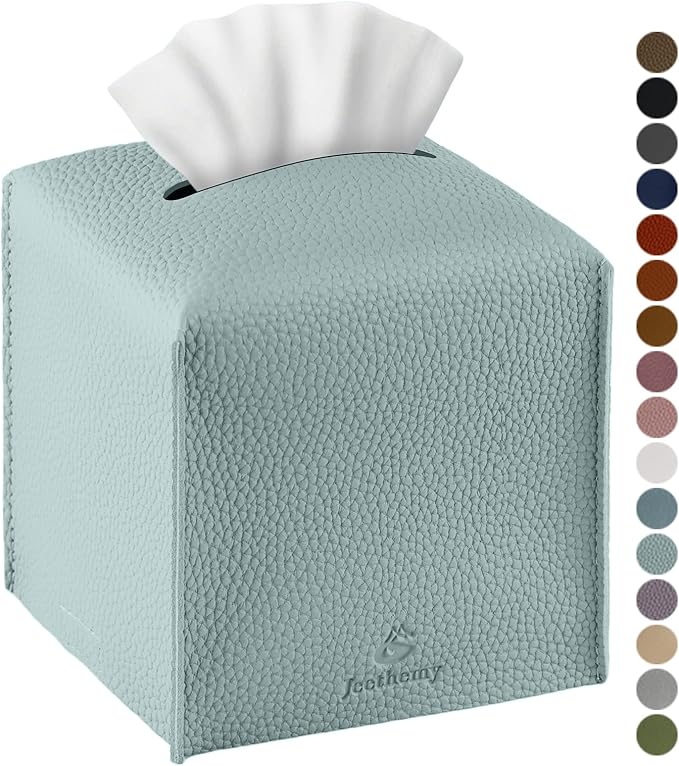 Tissue Box Cover, Jeethemy Square PU Leather Tissue Box Holder, Modern Tissue Case Facial Paper Organizer Dispenser，5X5X5'',Single Sky Blue