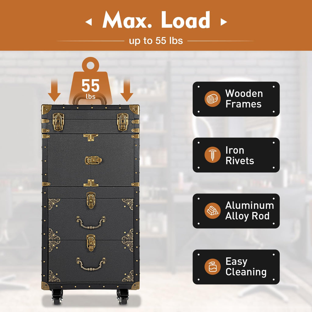 Rolling Lockable Makeup Train Case, Hairdressing Trolley Travel Organizer Tool Box Stylist Beauty Salon Cosmetic Luggage with Hair Dryer Holder for Barber Stores Hairdressing Colleges Homes