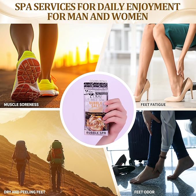 nbc BeautiLab Pedicure Kit Foot Soak Set: Bubble Salt, Sugar Scrub, Massage Mask, Massage Lotion in a Box, 4 Step Foot Spa Kit for Dry Feet,Tired Feet（3 Set Golden petals)