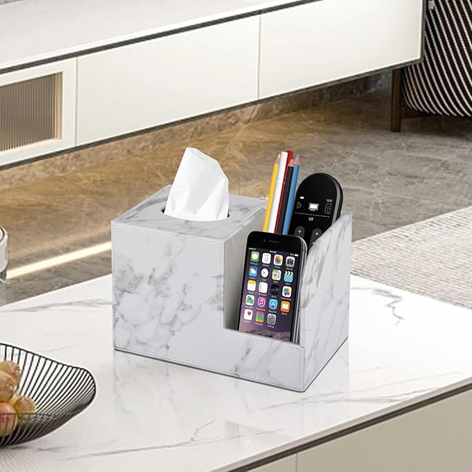 PU Leather Tissue Box Cover Square-Multifunctional Bathroom Tissue Box Holder/Organizer with 2-Compartment,Remote Control Holder,Decorative Tissue Box Covers Cube,Home Office Desktop Storage box,White