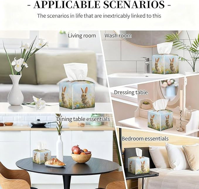 Buuny Tissue Box Cover Easter Leather Tissue Box Holder Square Facial Paper Organizer Dispenser for Bathroom Kitchen Bedroom Vanity Countertop Night Stands