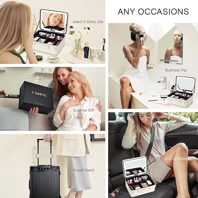 Faquenc Leather Makeup Case with LED Lighted Mirror 11.4 Inch Travel Makeup Bag Adjustable Brightness in 3 Colors Cosmetic Organizer Artist Storage Bag with Dividers Brush Holder Bag Vanity White
