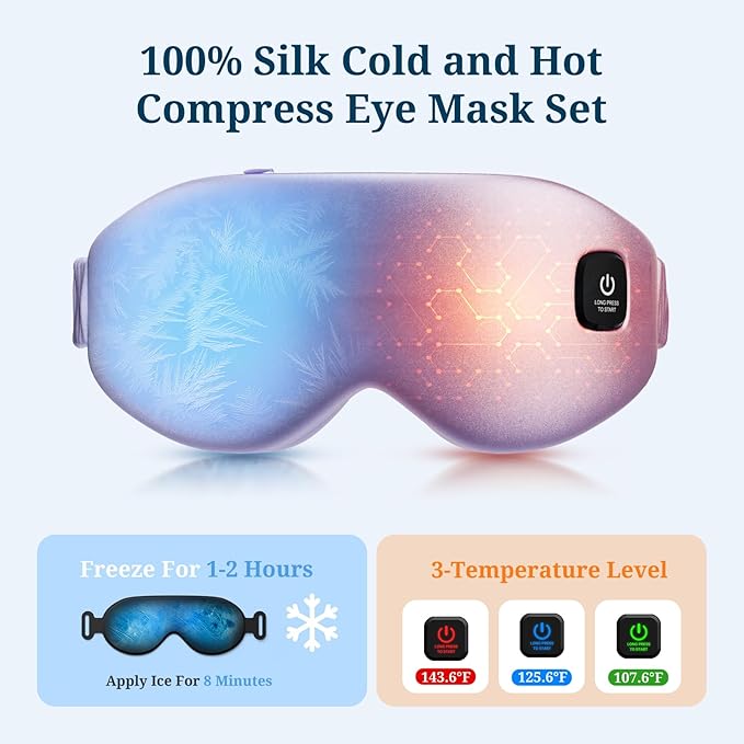 100% Silk Wireless Heated Eye Mask with Cooling, Relieves Dry Eye Syndrome and Puffy, Reduces Dark Circles, Adjustable Velcro Design and Washable Cover, Suitable for Travel & Gifts-Purple.