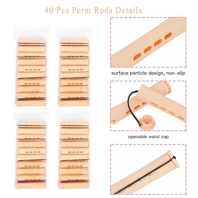 meigick 40Pcs Perm Rods Set - Plastic Cold Wave Rollers Non-Slip Hair Curlers for Long, Medium, Short Heatless Perming and Hairdressing (Yellow)