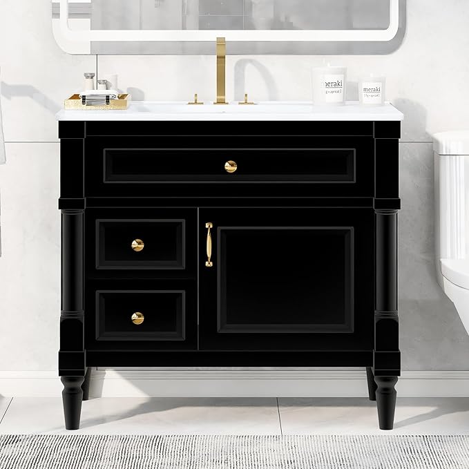 Harper & Bright Designs 36" Bathroom Vanity with Sink, Free Standing Bathroom Vanity Set with Flip Drawer, 2 Drawers, and Adjustable Shelf, Wood Storage Cabinet with Ceramic Basin for Bathroom, Black