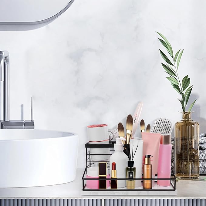 Siyzda Hair Tool Organizer, Movable Hair Dryer Holder, Hair Styling Tools Storage for Vanity, Bath Counter Organizer, Bathroom Trays for Hair Toiletry, Makeup (12" x 7.7" x 5.8", Marble-Black)