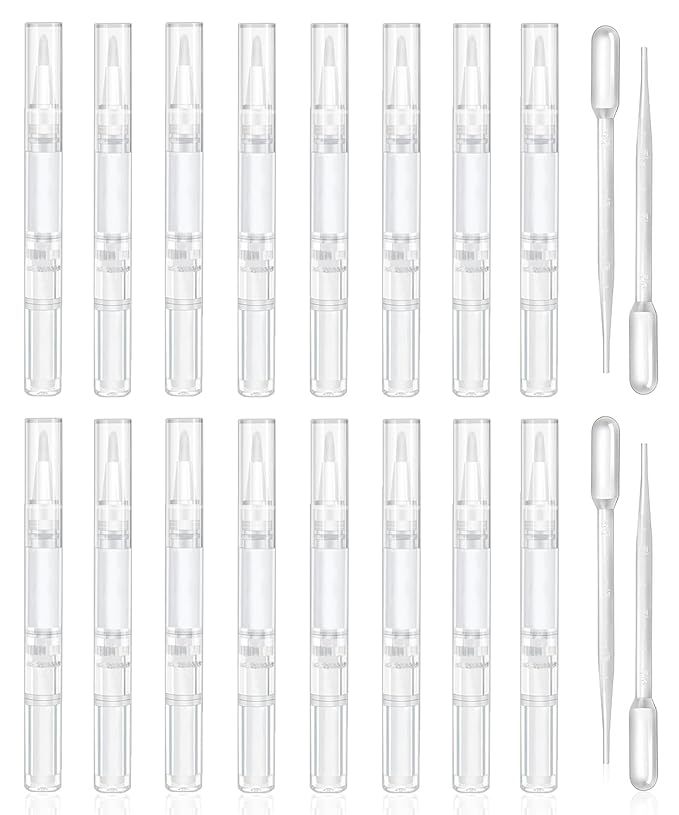 uadbau 16 Pcs 3ml Empty Cuticle Oil Pen with 4 Pcs Transfer Pipettes - Transparent Nail Oil Twist Pens with Brush Tip for Nail Oil, Eyelash Growth Liquid, Cosmetic Lip Gloss Container Applicators