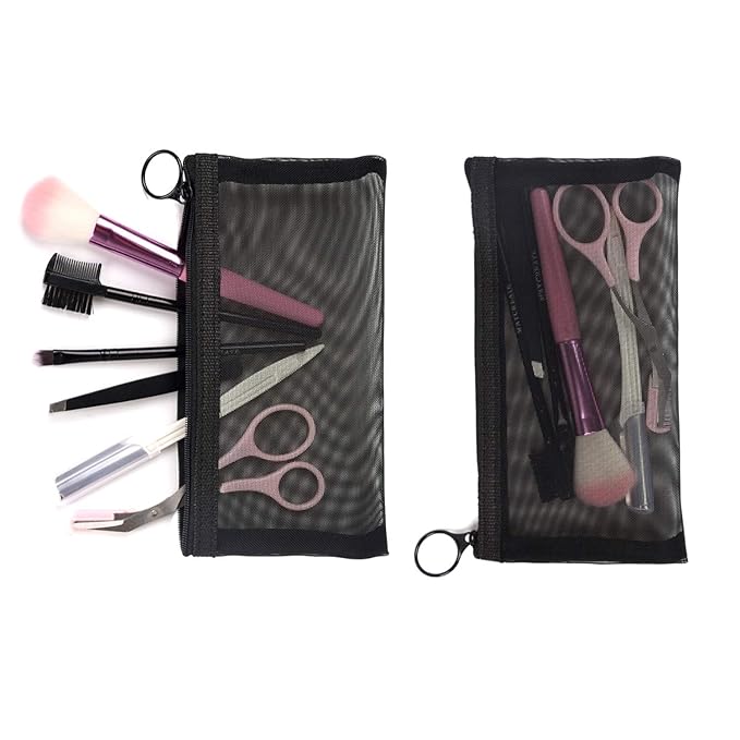 Patu Zipper Mesh Bags, Pack of 4 (S/M/L & Long Pouch), Beauty Makeup Cosmetic Accessories Organizer, Travel Toiletry Kit Set Storage Case, Black