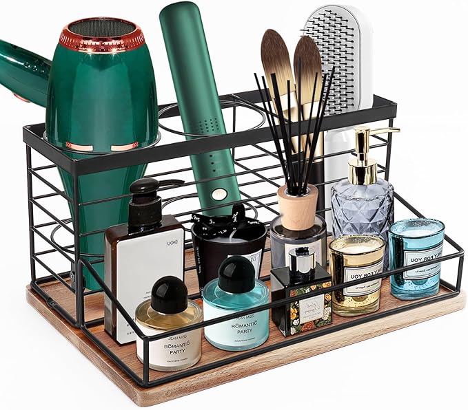 Siyzda Hair Tool Organizer, Movable Hair Dryer Holder, Hair Styling Tools Storage for Vanity, Bath Counter Organizer, Bathroom Trays for Hair Toiletry, Makeup (12" x 7.7" x 5.8", Wood-Black)