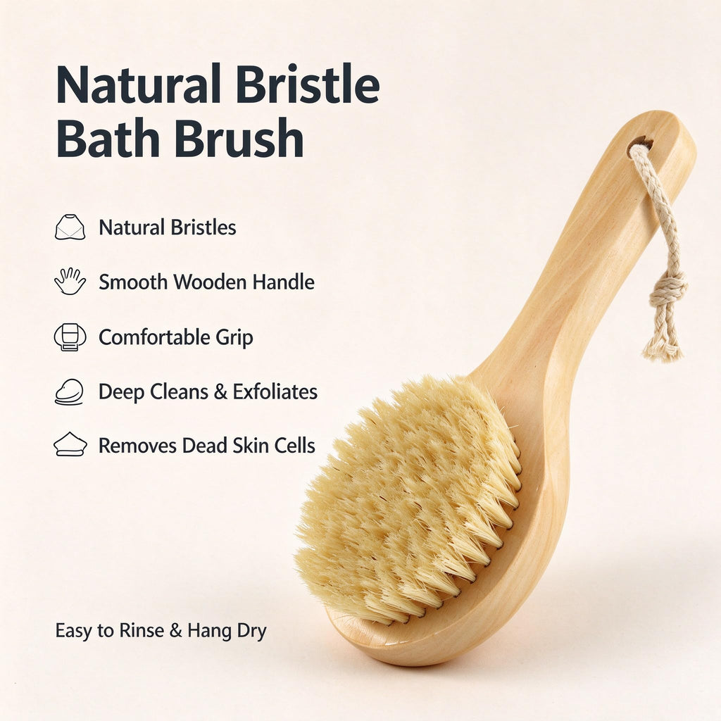 Short Handle Body Brush, Natural Bristles Wooden Bath Brush Shoulder Back Exfoliating Dry Brushing Skin Care