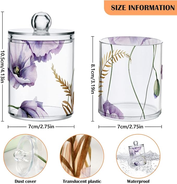 2 Pack Qtip Holder Dispenser for Cotton Ball Watercolor Flowers Purple Poppies Cotton Swab Round Pads Clear Plastic Acrylic Jar Set Bathroom Canister