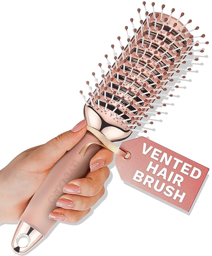Lily England Vented Hair Brush for Blow Drying - Easy Detangling Hairbrush for Women for Fine, Thick, Curly Hair with Non-Slip Gel Handle - Static Free Vent Hair Brushes for Faster Drying, Rose Gold
