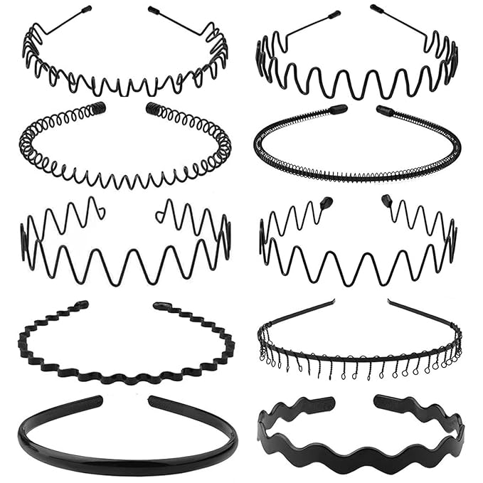 Unisex Metal Headband - Adjustable unisex wavy metal headband, Black Serrated Hairband, Simple Spring Hairband with Anti-Slip Design for Sports and Daily Use. (10 Pack)