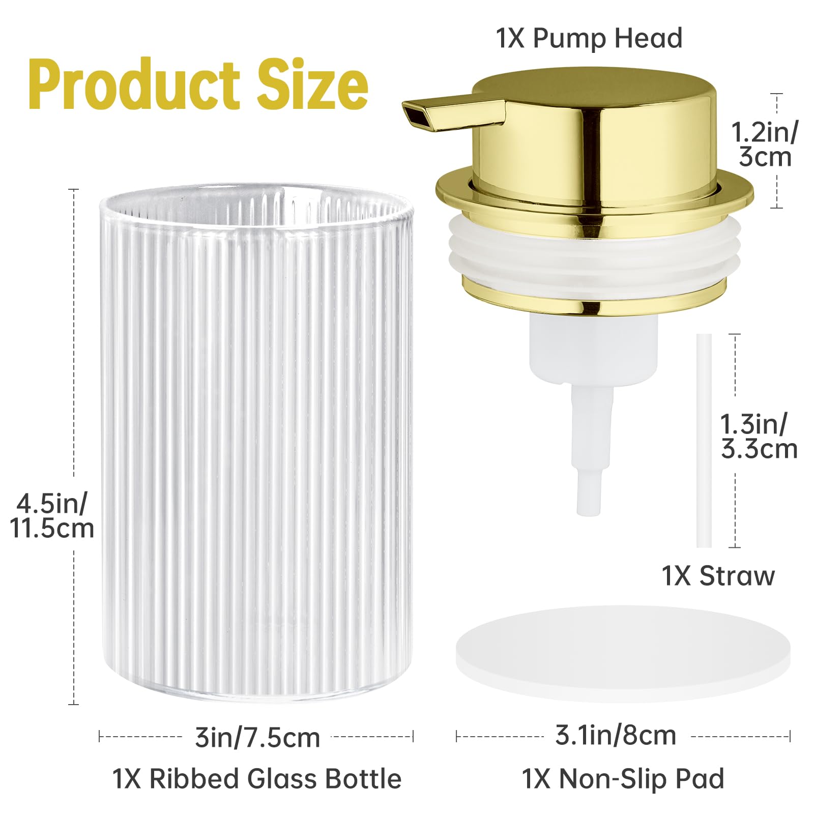 NiHome 14oz Multifunctional Glass Foaming Hand Soap Dispenser with Elegant Stripe Pattern, High-Capacity Easy to Refill for Home & Commercial Use, Advanced Foam Pump & Non-Slip Base (Gold)