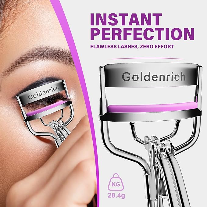 Eye Lash Curler with 6 Boxed Replacement Pads, Goldenrich Eyelash Curlers Painless Perfect Curl, Nice and Easy to Identify, Valentine's Day for Her, Teenagers, Beauty Enthusiasts-Silver Purple Pink
