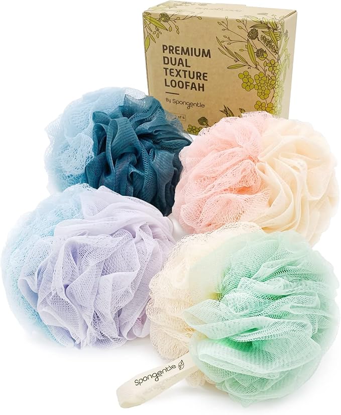 Spongentle Shower Loofah Bath Sponge, Body Scrubber with Soft Mesh, Exfoliating Bath Pouf with Activated Charcoal, Bath Sponge for Women & Men, Bath Accessories for Scrubber Cleaning Tool